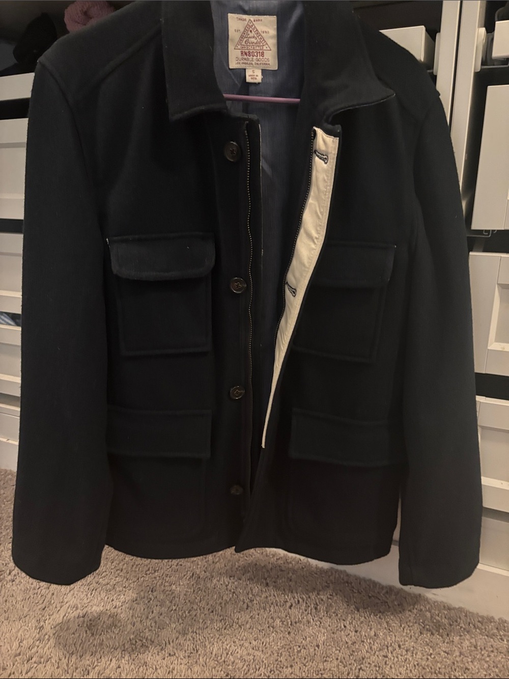 Lucky Brand Black Wool Blend Pea Coat with Contrast Placket